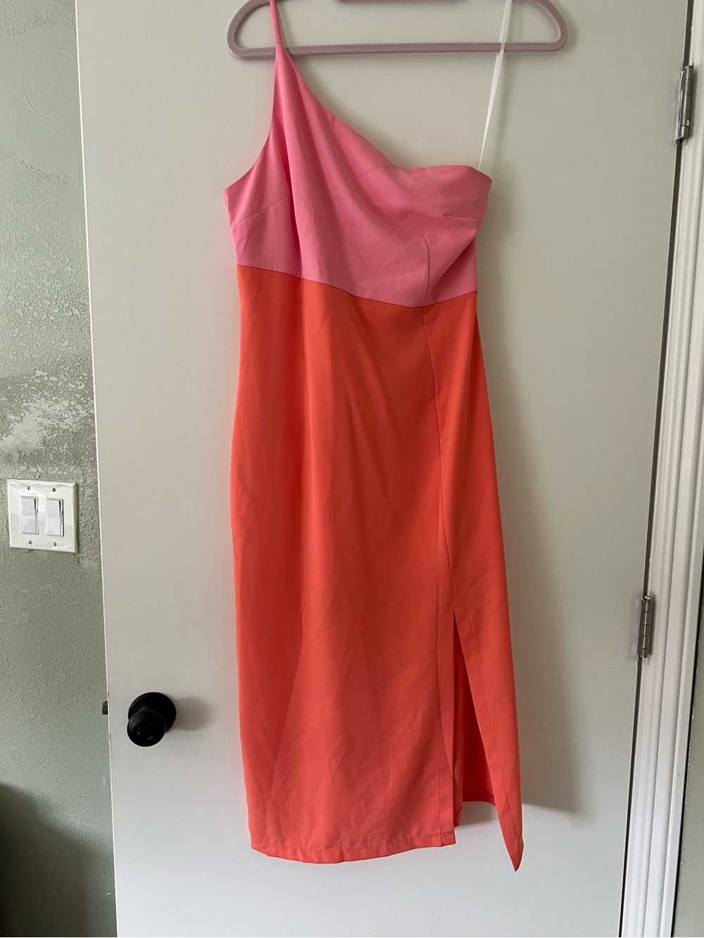 Petal & Pup Xiomar One-Shoulder Pink and Coral Colorblock Midi Dress
